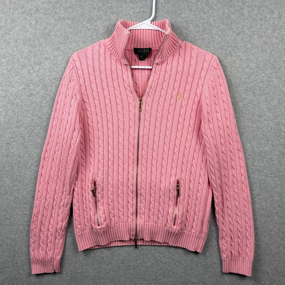 Lauren Ralph Lauren Sweater Womens Large Pink Cable Knit Cotton Full Zip Preppy